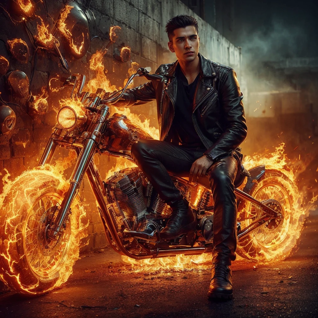 a handsome young man, wearing leather jacket, sitting on the glowing flamed chopper motorbike, the motor like in the ghost rider movie, the wall of the death as a background, intricate flames, intricate chopper motorbike, hyper detailed man, hyper detailed jacket, vivid glowing, best quality