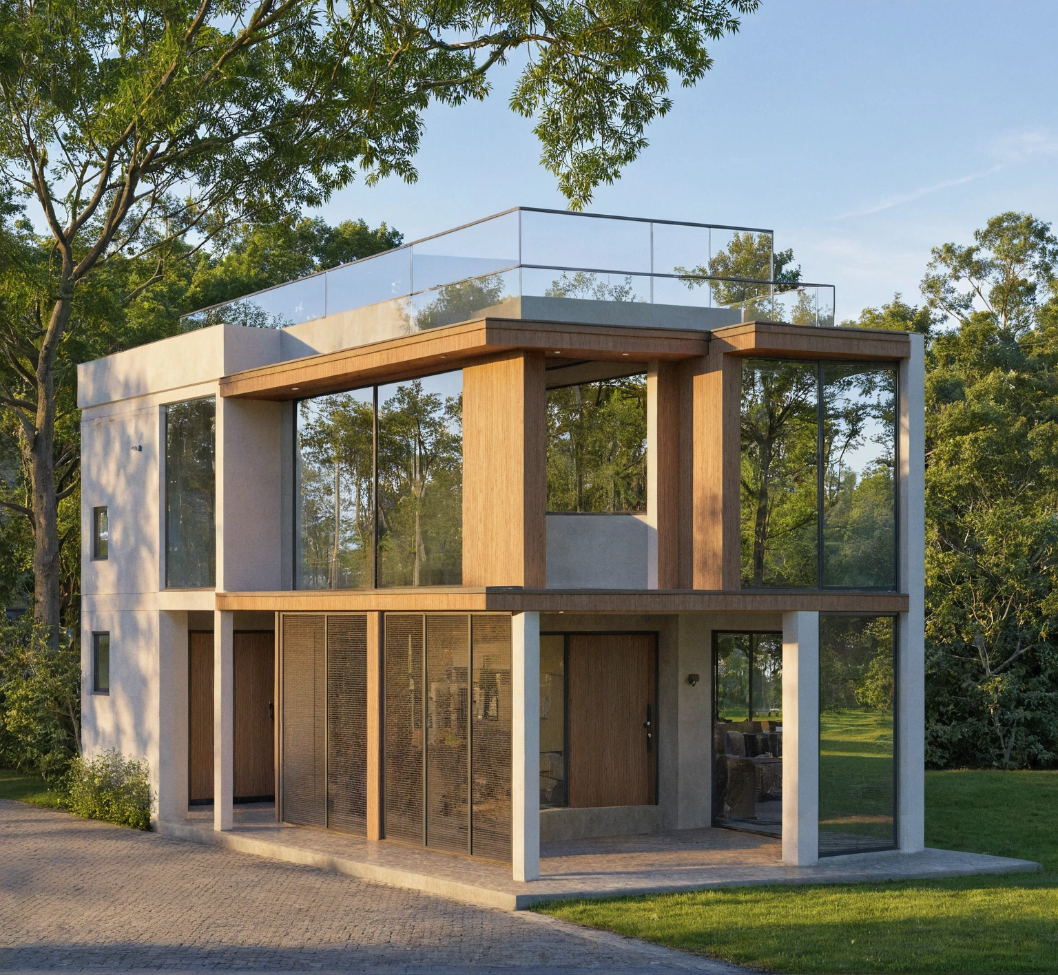 Photo brute,chef-d'artwork, High quality, best quality, authentique, great detail,
Outside, en plein air, style de maison moderne dans la rue, glass windows, grille, plafond en bois,
route,pavement, des arbres, ciel, nuage, (day light:1.1)
