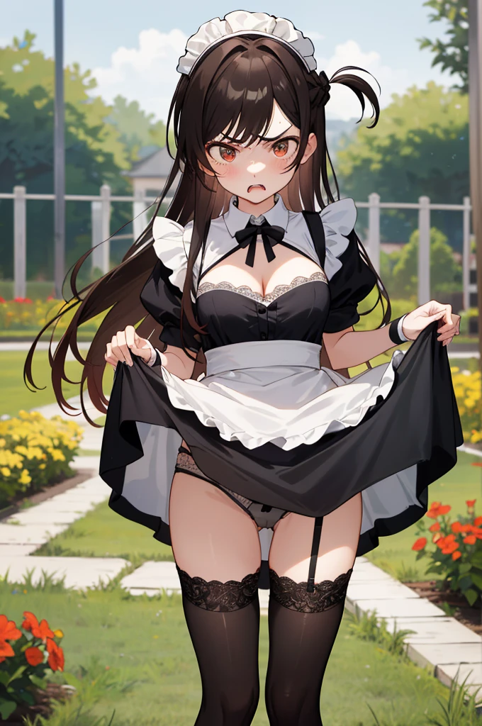 masterpiece, best quality, highres, aachizuru, long hair, one side up,  maid, maid headdress, apron, black dress, skirt hold, angry, garden, standing,miniskirt,(((lift skirt,lace panties))),thighhighs,cleavage cutout