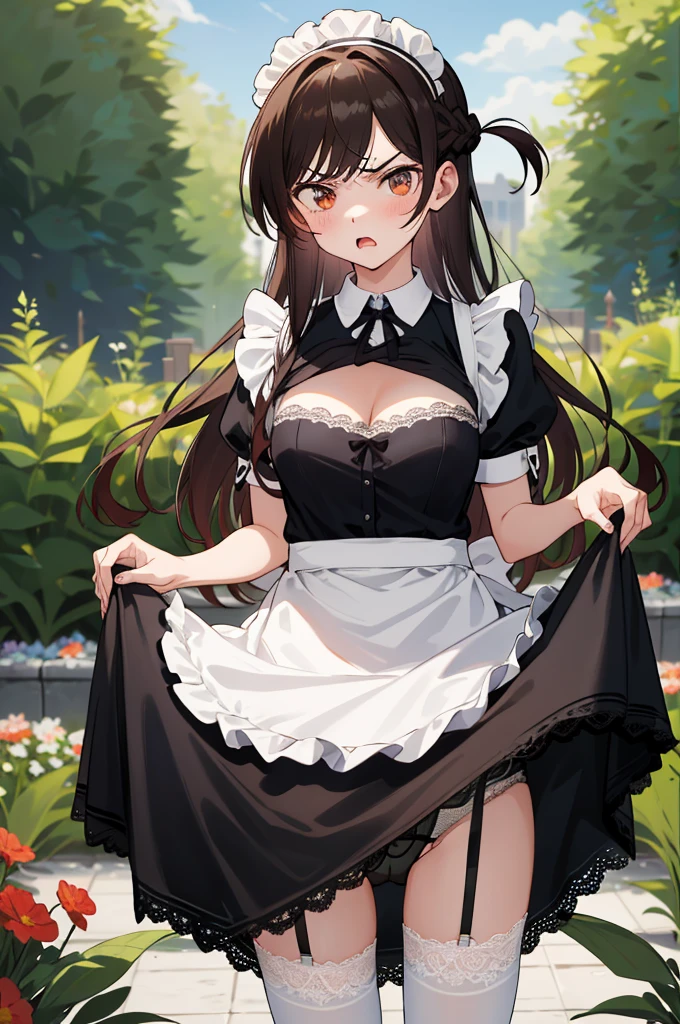 masterpiece, best quality, highres, aachizuru, long hair, one side up, maid, maid headdress, apron, black dress, skirt hold, angry, garden, standing,miniskirt,(((lift skirt,lace panties))),thighhighs,cleavage cutout