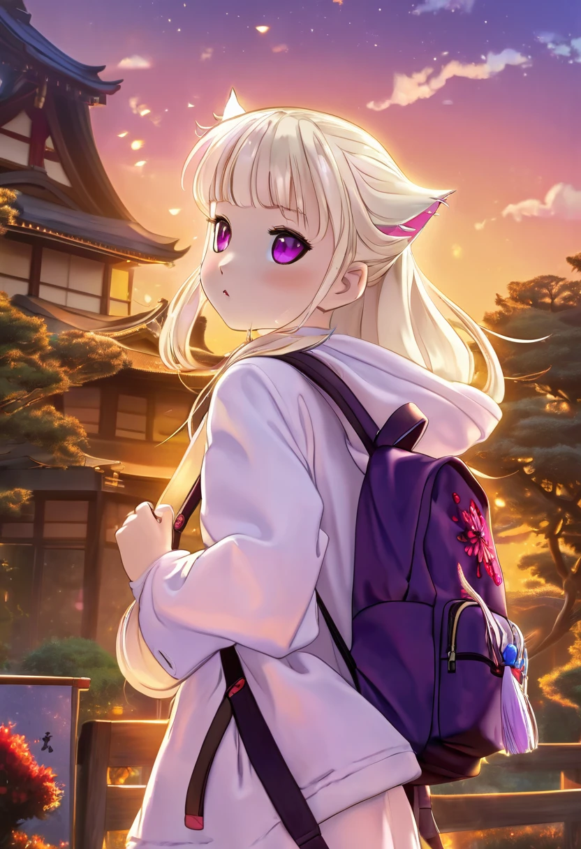 A little cat girl, beautiful detailed purple eyes, cream colored hair, Japanese , red backpack, high quality lighting, vibrant colors, soft lighting, golden hour lighting, magical realism, fantasy, anime style
