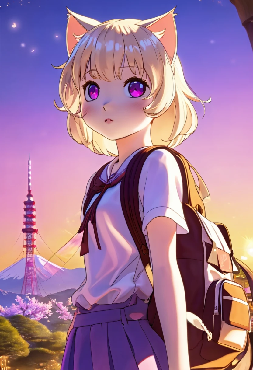 A cat girl, beautiful detailed purple eyes, cream colored hair, Japanese , red backpack, high quality lighting, vibrant colors, soft lighting, golden hour lighting, magical realism, fantasy, anime style