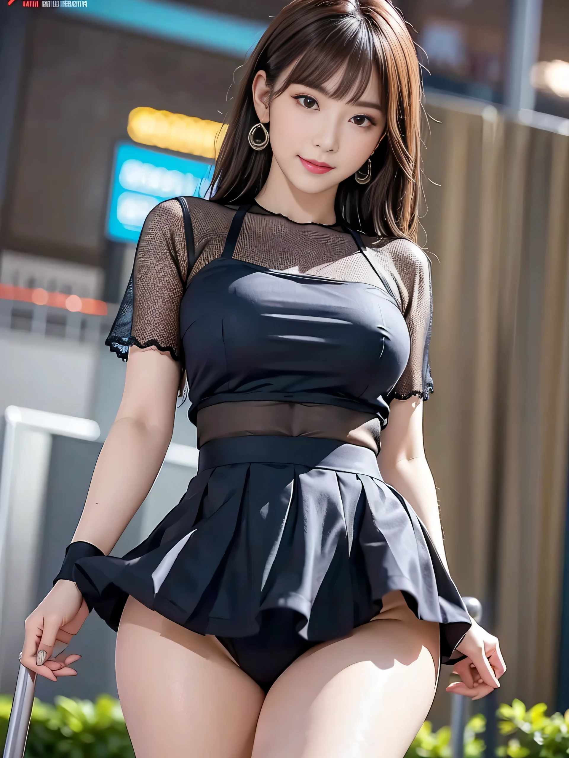 (8k, RAW Photos, Highest quality, masterpiece:1.2), Super Resolution, (Realistic, Realistic Photo:1.37), Head to Toe, High-resolution RAW color photos, Professional photos, Very detailed, 8k wallpaper, Amazing details, very detailed beautiful girl, Very detailed顔, Very detailed目, Very detailed肌, Very detailed指, Very detailed鼻, Very detailed mouth , Very detailedな脚, Perfect Anatomy, Very detailed background, Very detailed clothes, 1 Girl, (18:1.2), Age 25, Realistic body, Fair skin, Glowing Skin , Curly Hair, (bangs:1.2), smile, Cute face, Realistic face, Delicate eyes, Blue mesh shirt, Short skirt, Earrings, Looking at the audience, Backwards, Dynamic Lighting, Very large breasts,
