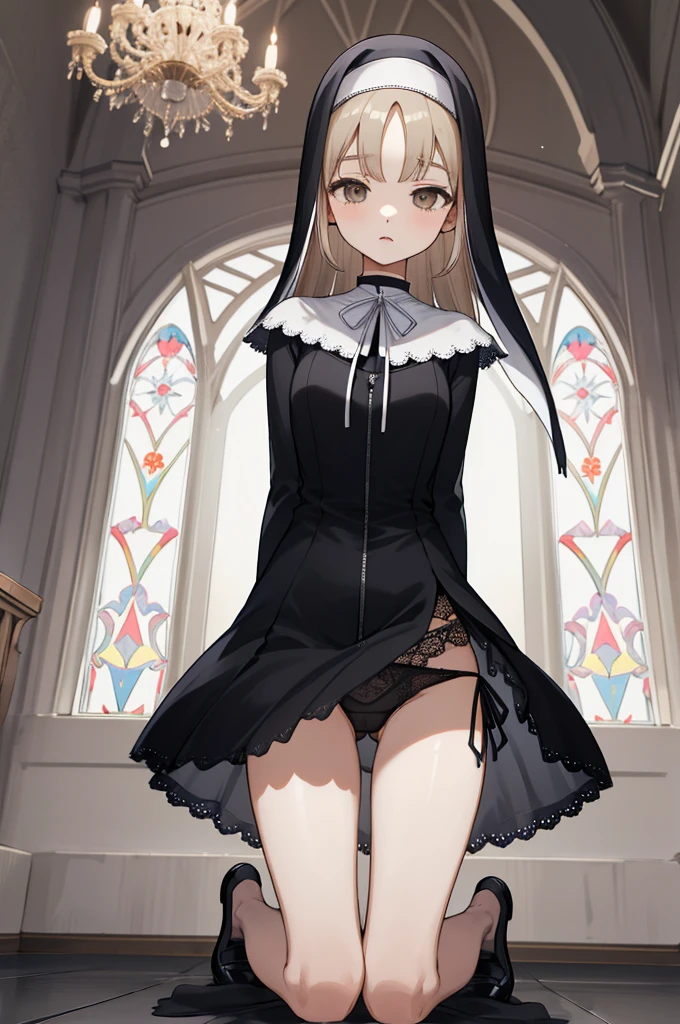 masterpiece, best quality, highres, aasister, long hair, nun, habit, white capelet, neck ribbon, (black dress:1.2), long sleeves, white gloves, full-length zipper, church, indoors, kneeling, arms behind back,,looking viewer,thigh gap,thigh,short dress,(((black lace panties