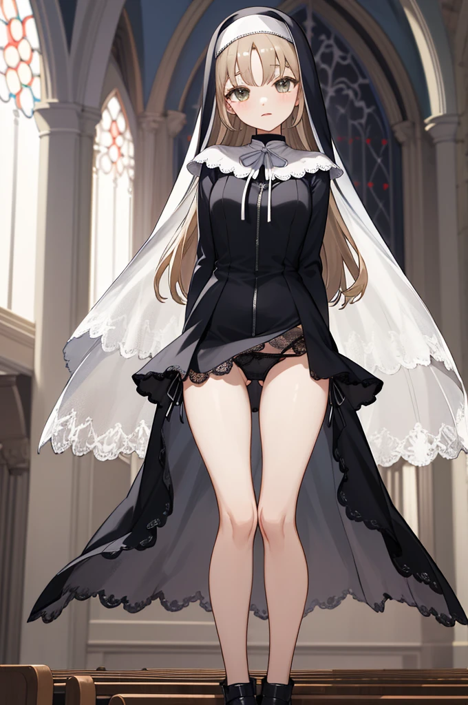 masterpiece, best quality, highres, aasister, long hair, nun, habit, white capelet, neck ribbon, (black dress:1.2), long sleeves, white gloves, full-length zipper, church, indoors, kneeling, arms behind back,,looking viewer,thigh gap,thigh,short dress,(((black lace panties