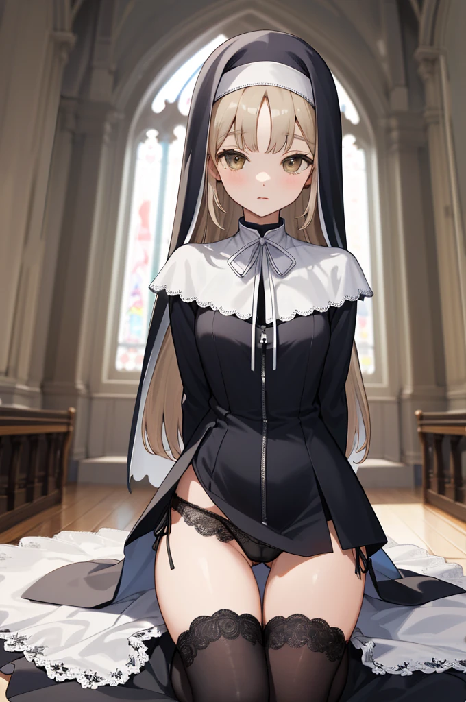 masterpiece, best quality, highres, aasister, long hair, nun, habit, white capelet, neck ribbon, (black dress:1.2), long sleeves, white gloves, full-length zipper, church, indoors, kneeling, arms behind back,,looking viewer,thigh gap,thigh,short dress,(((black lace panties