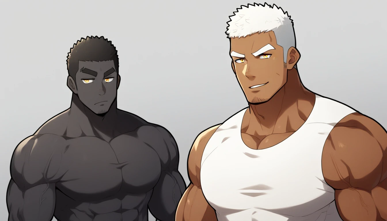 negro, negro, negro, anime characters:Gyee, Fitness coach, negro black skin, 1 muscular tough guy, Manliness, White cat ears, male focus, Cream White Sleeveless Tight T-Shirt, Very tight, The pectoral muscles are oversized, Slightly transparent, muscular male, muscular, only, Upper body, alone, White short hair, Thick eyebrows, stubble, Yellow eyes, Grey background, simple background, amazing quality, best aesthetics, Ridiculous, bright pupils, crew cut, parted lips, seductive smile, torogao, naughty face, drop shadow, best quality