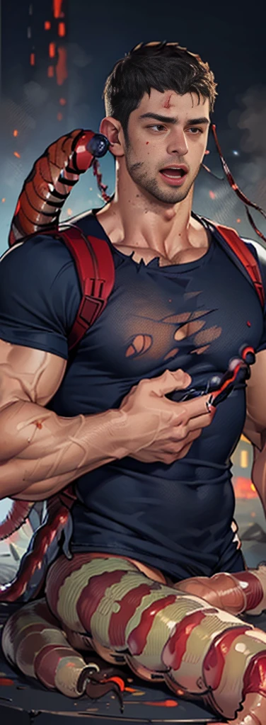 (NSFW: 1.5),(Create a masterpiece: 1.2),(CGI art:1.3),(realistic:1.5),(After processing:1.3),(Sharp focus:1.3), (man Fight:1.5) , shoot guns, (join in battle:1.5 ), (Close your eyes.), Open mouth, show teeth, , straight, front ,Chris Redfield ,(black hair), smile open mouth, (Wear color navy round neck T-shirt: 1.5), (with a Police badge: 1.2), navy cargo, (Torn shirt:1.4), (wound: 1.3) , (blood splatters) ,( abrasions on face: 1.2), (Blood stains on the face and body: 1.2), Korean guy , korean men, (High gloss details), chest muscles, large arm muscles, blood vessel, Big muscles, Broad shoulders, looking at the audience, Balancing the eyes, Jail for rent, (Carrying a black backpack: 1.3) , (genital very long big : 1.5), (Big testicles), (Erection of the penis: 1.5), ,(Fire blazes behind),(Many leech worms:1.8) ,(open mouth:1.6)