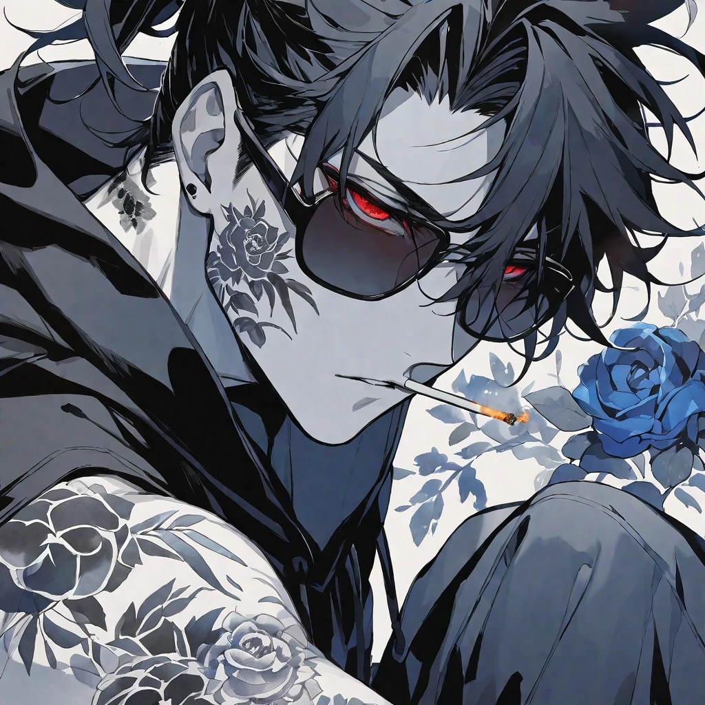 solo, handsome, Monochrome,watercolor,1 male, Ponytail, Braided black hair, red eyes, Gojo Satoru,casual,Blue Rose Tattoo,black Oversized hoodie,casual,Stylish,cool,sunglasses,cigarette,
blackbackground,icon,Despise face up