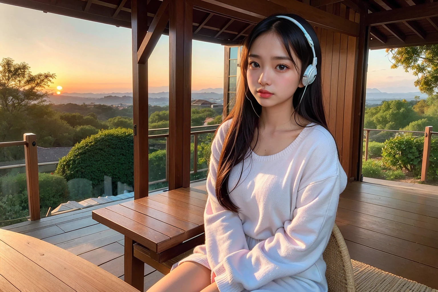 A young woman with headphones, entranced by the stunning sunset before her. She radiates peace and contentment, her eyes reflecting the warm hues of the sky as she basks in the glow of nature's beauty. This scene is portrayed in a beautifully detailed anime-style painting, capturing the girl's serene expression and the vibrant colors of the setting sun. The cozy atmosphere of her home is evident in the warm lighting and comfortable surroundings, enhancing the overall sense of tranquility and comfort emanating from the image.