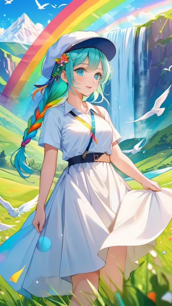 Female, woman, mature, Beautiful, Humble, Kind, long hair upper waist Stright Braided Hairstyles, Aqua blue pupil eyes colour, bright cyan Hairs, wear Newsboy Cap rainbow colours, white dress flowing with skirt, Painting mountains with a waterfall and a rainbow, filled with many birds flying on canvas, open grassland background in the morning. Anime style, vivid colours. Detail eyes, detail body, detail face, detail lips, detail fingers, detail backgrounds.