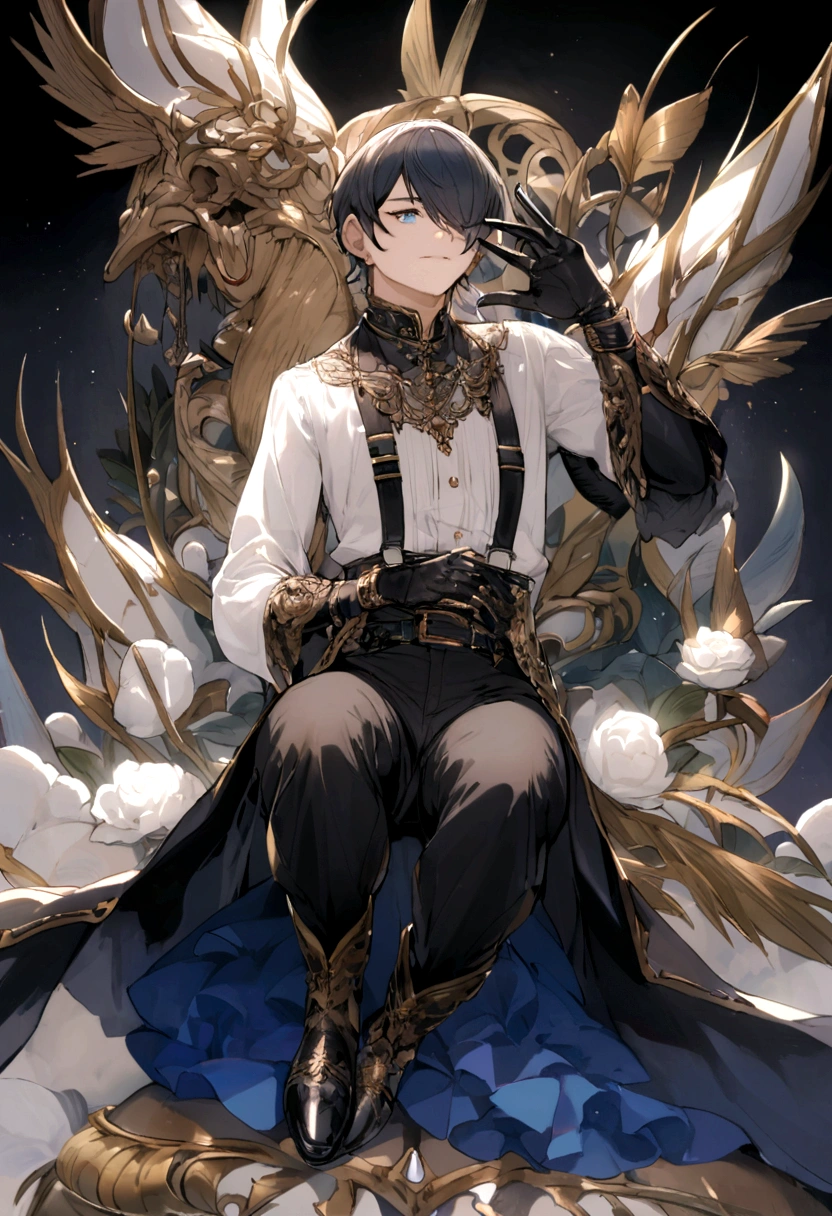 A teenager，Short flaxen hair，blue color eyes，Bangs cover one eye，Wear a white shirt，The cuffs have long lace trims，longer sleeves，Wearing black shorts，Wear suspenders and leather shoes，He wears black half-palm gloves on his hands，full bodyesbian，