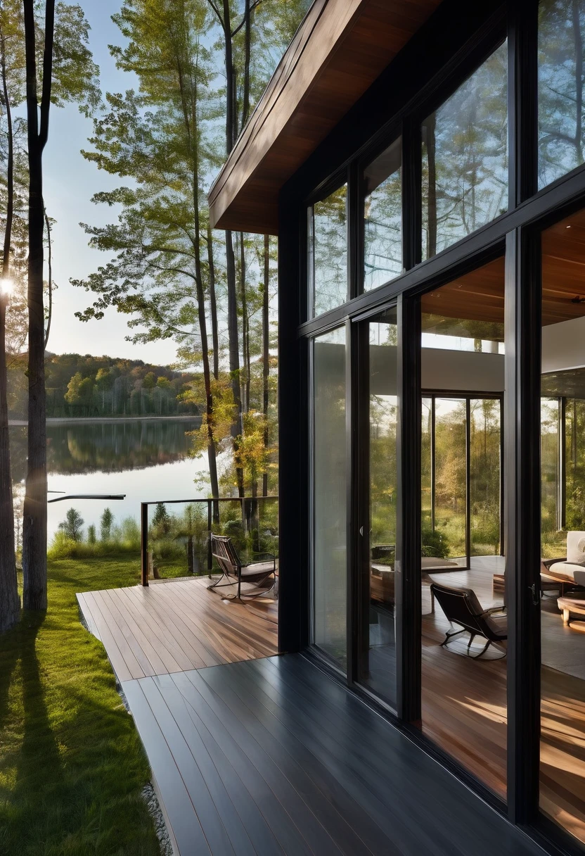 Imagine a contemporary home, where steel, wood and light gray concrete harmonize perfectly. Brise-brise style windows, allowing natural light to dance through the space while maintaining privacy. From the spacious deck, the view opens up to a large, serene lake, reflecting the blue sky and surrounding trees. It's a spring afternoon, the gentle breeze carries the scent of flowers and the peaceful sound of water. The space is welcoming and relaxing, ideal for enjoying a good book or a coffee, in complete harmony with nature. Photography, Hyperrealism style
