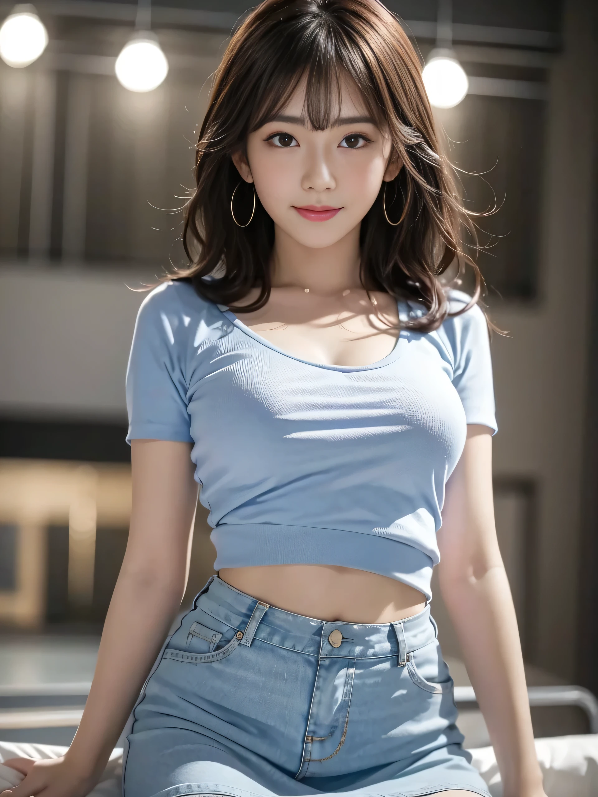 (8k, RAW Photos, Highest quality, masterpiece:1.2), Super Resolution, (Realistic, Realistic Photo:1.37), Head to Toe, High-resolution RAW color photos, Professional photos, Very detailed, 8k wallpaper, Amazing details, very detailed beautiful girl, Very detailed顔, Very detailed目, Very detailed肌, Very detailed指, Very detailed鼻, Very detailed mouth , Very detailedな脚, Perfect Anatomy, Very detailed background, Very detailed clothes, 1 Girl, (18:1.2), Age 25, Realistic body, Fair skin, Glowing Skin , Curly Hair, (bangs:1.2), smile, Cute face, Realistic face, Delicate eyes, Blue mesh shirt, Short skirt, Earrings, Looking at the audience, Backwards, Dynamic Lighting, Very large breasts,