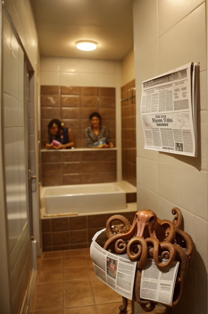 Octopuses are reading newspapers in the restroom. The newspapers are animals, and the background of the restroom is the bathroom