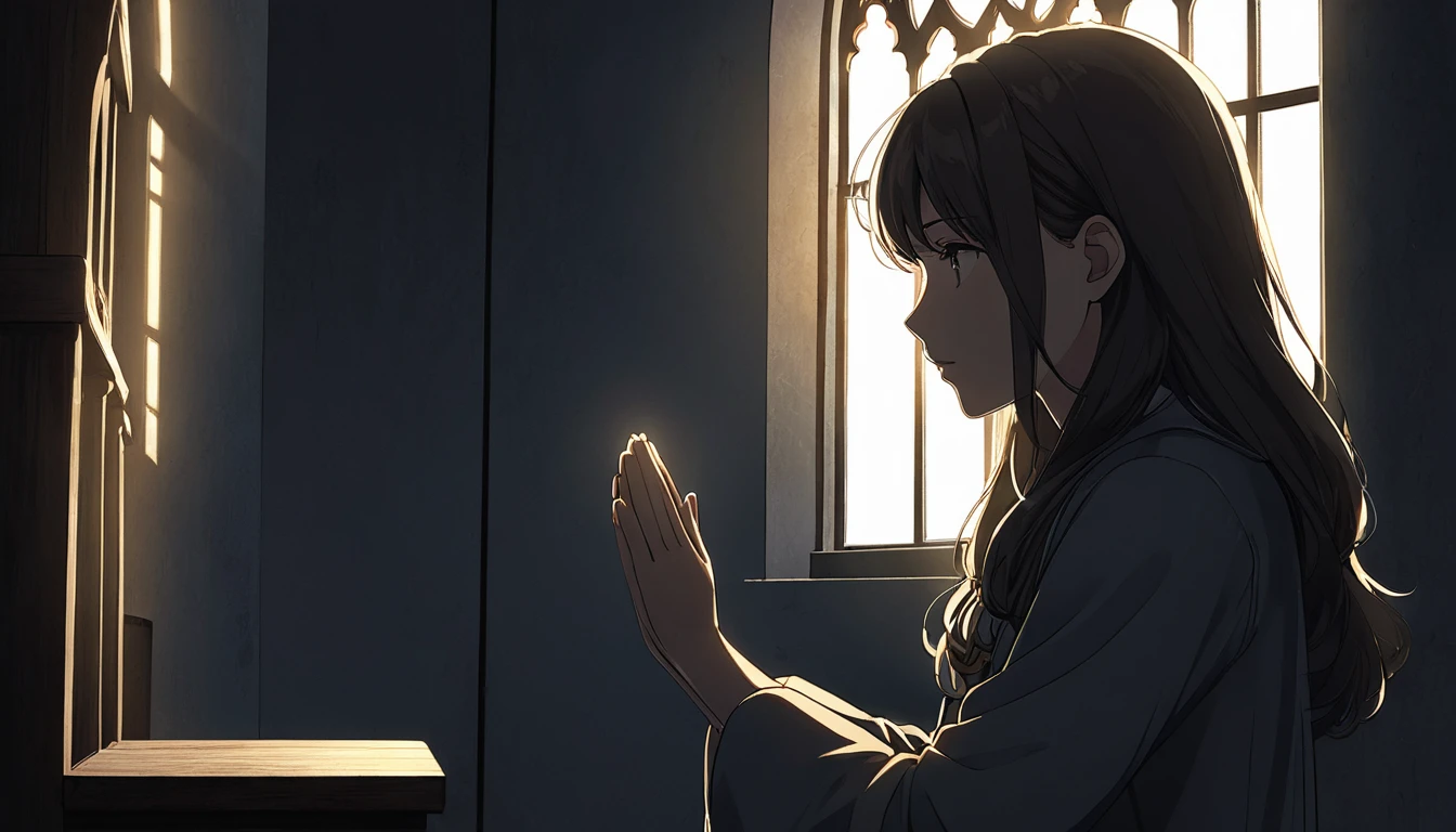 High definition animation. A girl is kneeling in a slightly dark church. The girl sees Jesus hanging on the wall and is praying with her hands together. One window. A half-body shot of a girl, side view. Light from the window illuminates the girl's face.