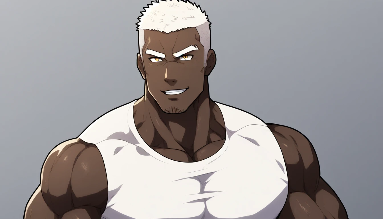 negro，negro，negro，anime characters：Gyee, Fitness coach, negro black skin, 1 muscular tough guy, Manliness, male focus, Cream White Sleeveless Tight T-Shirt, Very tight, The pectoral muscles are oversized, Slightly transparent, muscular male, muscular, only, Upper body, alone, White short hair, Thick eyebrows, stubble, Yellow eyes, Grey background, simple background, amazing quality, best aesthetics, Ridiculous, bright pupils, crew cut, parted lips, seductive smile, torogao, naughty face, drop shadow, best quality