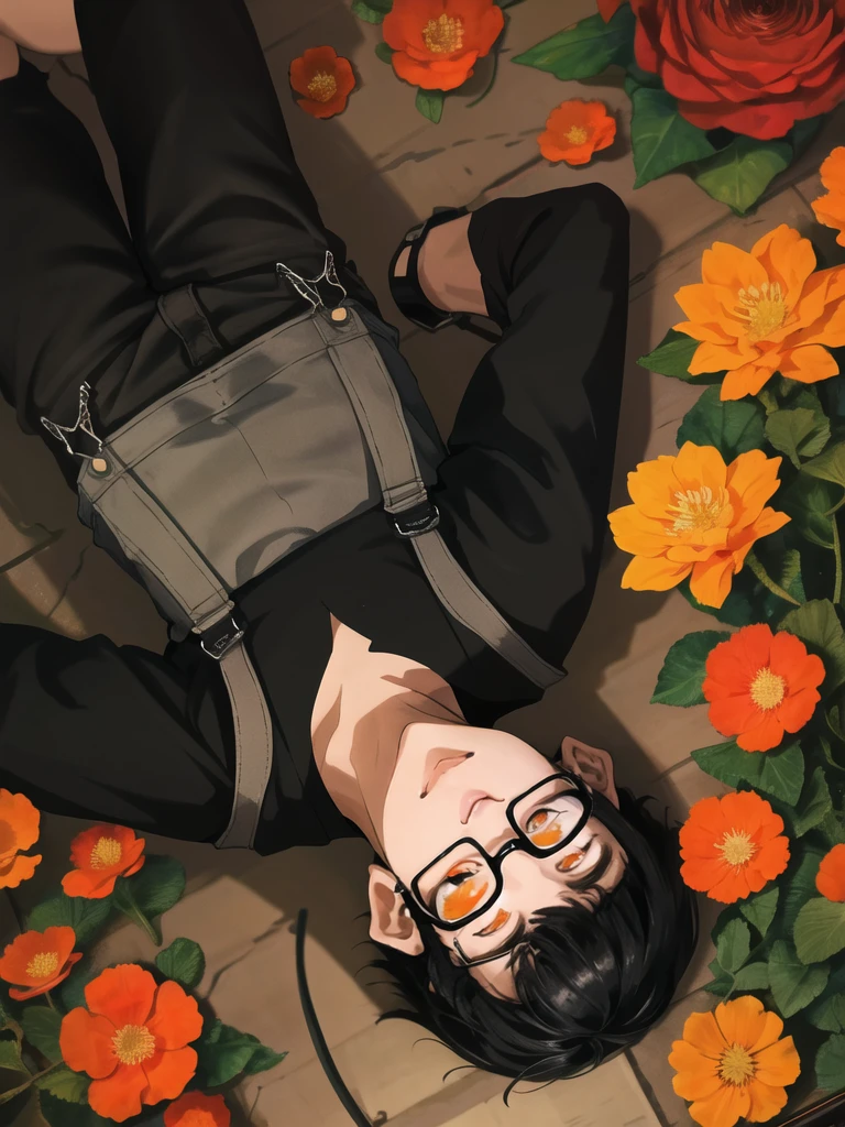 Flamebringer \(Ark of Tomorrow\),Black Hair,short hair,Pointed ears,Orange eyes,Single speaker,portrait,, best quality,masterpiece,high resolution，Short-sleeved shirt，Overalls，Glasses，Flower Room