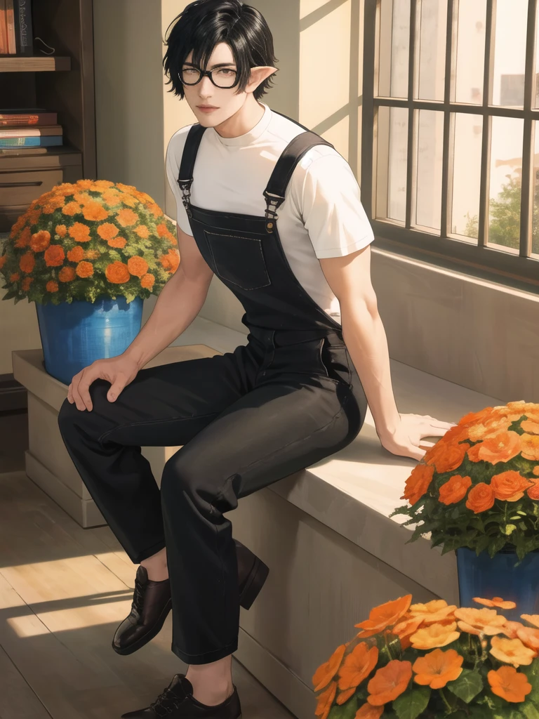 Flamebringer \(Ark of Tomorrow\),Black Hair,short hair,Pointed ears,Orange eyes,Single speaker,portrait,, best quality,masterpiece,high resolution，Short-sleeved shirt，Overalls，Glasses，Flower Room