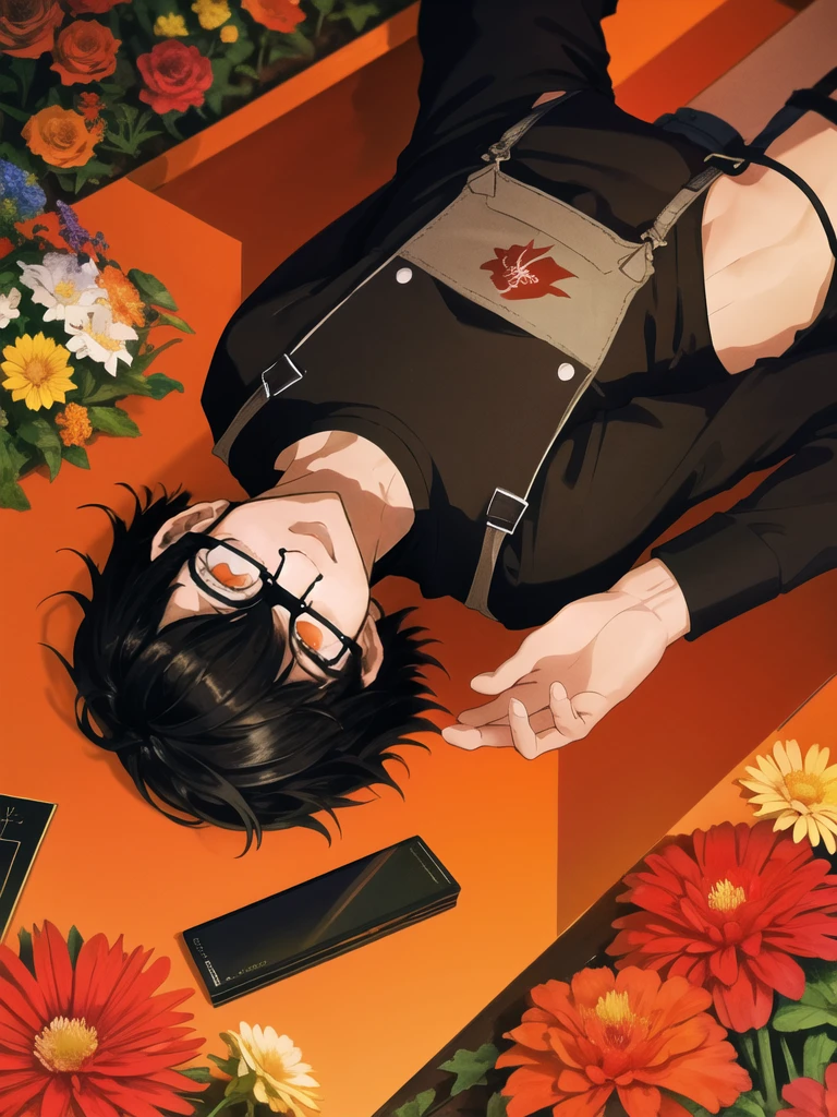 Flamebringer \(Ark of Tomorrow\),Black Hair,short hair,Pointed ears,Orange eyes,Single speaker,portrait,, best quality,masterpiece,high resolution，Short-sleeved shirt，Overalls，Glasses，Flower Room