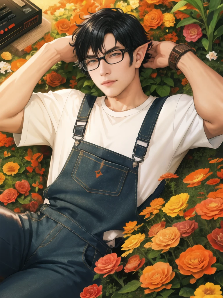 Flamebringer \(Ark of Tomorrow\),Black Hair,short hair,Pointed ears,Orange eyes,Single speaker,portrait,, best quality,masterpiece,high resolution，Short-sleeved shirt，Overalls，Glasses，Flower Room