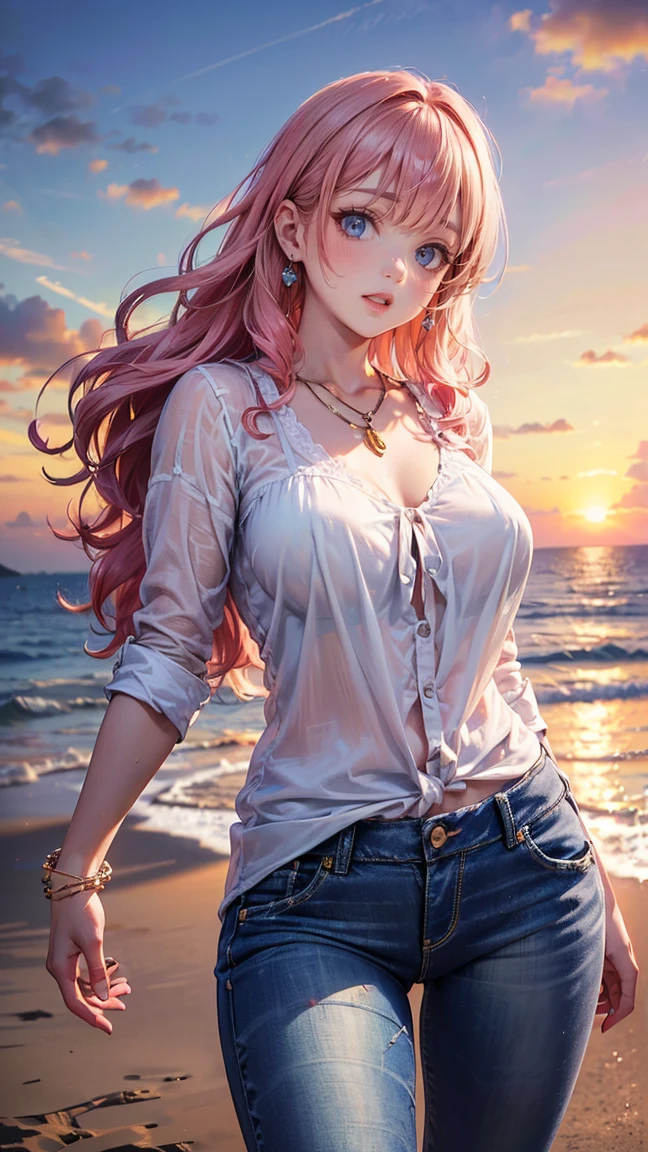 (Masterpiece, BestQuality:1.3), (ultra detailed:1.2), (hyperrealistic:1.3), (RAW photo:1.2), High detail RAW color photo, professional photograph, (Photorealistic:1.4), (realistic:1.4), professional lighting, perfect anatomy, (Big Breasts:1.2), (blush, detailed face), (cheerful Smile:1.5), Trending Hair&Trending Hairカラーをランダムに, earrings, necklace, bracelet, sexy, erotic sexy, Random sexy gravure poses, (Beautiful woman in a white blouse and jeans。Background is a beach sunset。A romantic smile on her face。Her hair is long and wavy, with pink hair.。The pose is looking out at the sea。:1.3)