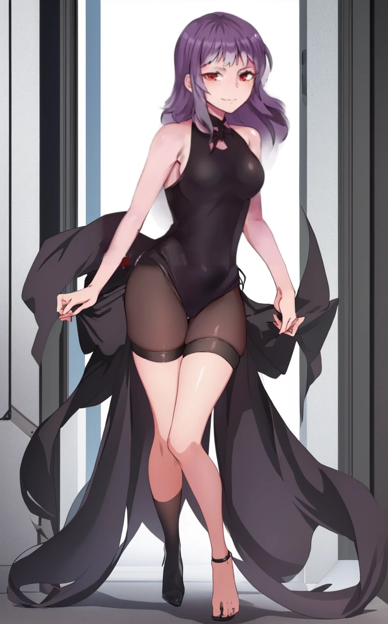 a woman in a black swimsut, anime moe artstyle, anime girl wearing a black swimsut, gapmoe yandere, gapmoe yandere grimdark, cute anime waifu, seductive anime girl, tall, noire, sultry smirk, full body, bare tight, black swimsuit, bare leg