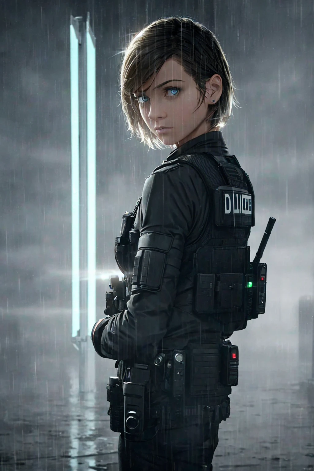 (masterpiece, photorealistic, 8k), 1girl, short hair, police officer, ballistic vest, futuristic city, raining night, patrol car, (siren lights), (backlight:1.6), looking at viewer, realistic, extremely detailed eyes and face, cinematic lighting, dramatic lighting, rainy atmosphere, rain drops, moody colors, dark tones, close