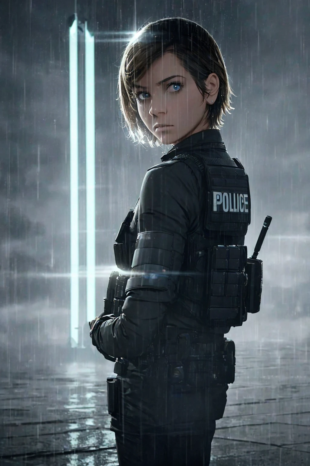 (masterpiece, photorealistic, 8k), 1girl, short hair, police officer, ballistic vest, futuristic city, raining night, patrol car, (siren lights), (backlight:1.6), looking at viewer, realistic, extremely detailed eyes and face, cinematic lighting, dramatic lighting, rainy atmosphere, rain drops, moody colors, dark tones, close