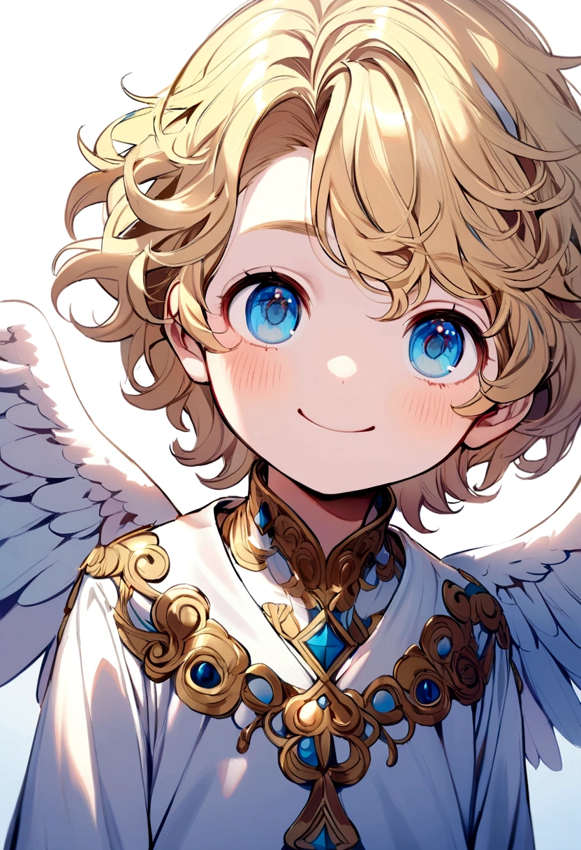 Little boy, big blue eyes, blond hair, slightly wavy hair, short hair, cute, smiling, angel wings