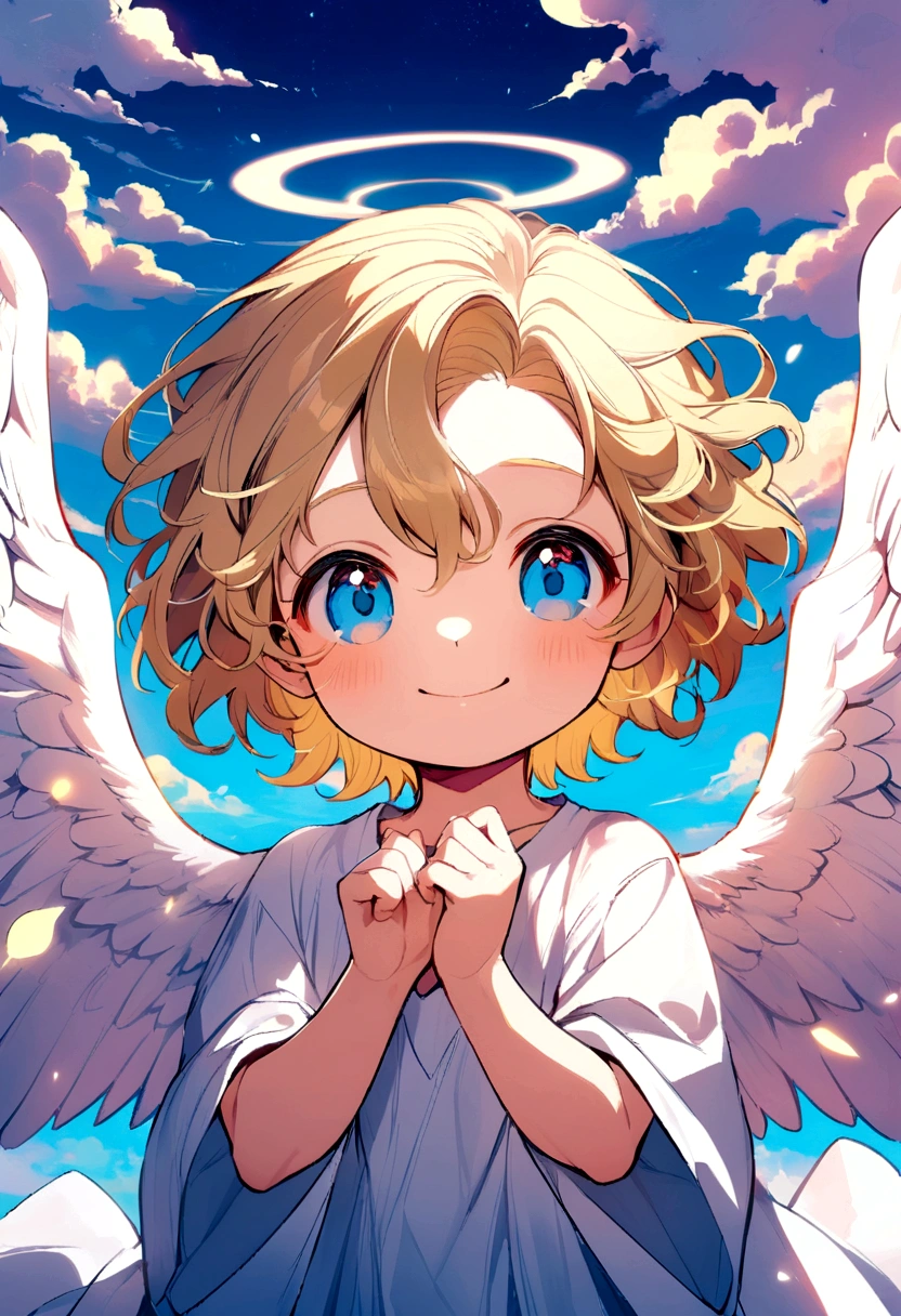 Little boy, big blue eyes, blond hair, slightly wavy hair, short hair, cute, smiling, angel wings