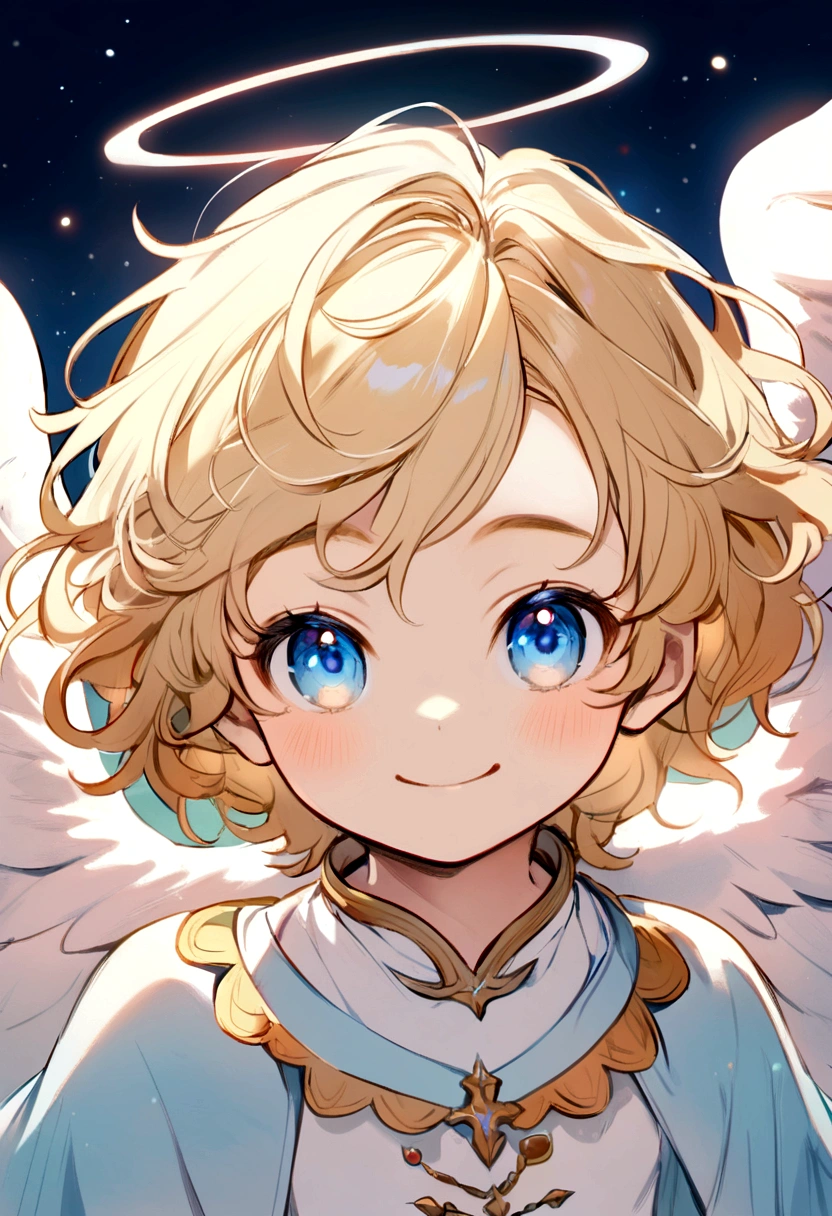 Little boy, big blue eyes, blond hair, slightly wavy hair, short hair, cute, smiling, angel wings