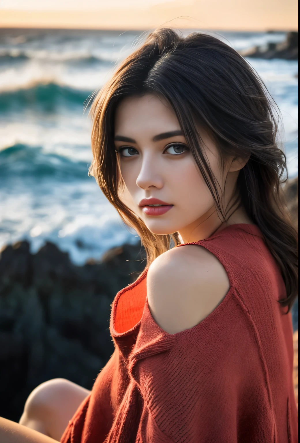 (best quality,4k,8k,highres,masterpiece:1.2),ultra-detailed,(Ultra-realistic, photorealistic,photo-realistic:1.37), 1 beautiful young Japanese Italian half model, 17yo, She's posing in a way that emphasizes her breasts, seductive pose, (sitting on coral coast in Australia:1.5), detailed eyes, high nose, blue eyes, delicate facial features, long eyelashes, peaceful expression, colorful dress, detailed folds and textures, Sparkling Waves, warm vibrant colors, cinematic lighting, 8k, high quality, photorealistic, studio lighting, detailed texture, vivid colors, toned body, detailed moist skin texture,