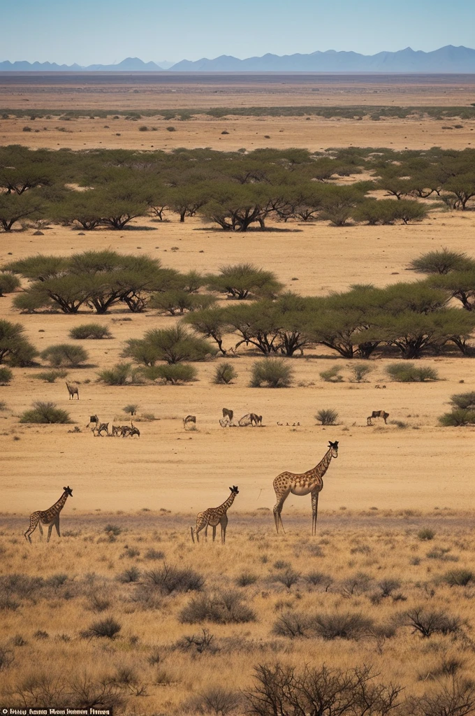 Of course! Here's the translation:

Imagine an impressive scene in the vast and dry African savannah. A pride of lions is crouched side by side, their powerful figures reflecting in the calm water of a lagoon. They drink in unison, focused, with their golden manes and fur shining under the scorching sun. In the background, in contrast to the scene, a tall and graceful giraffe stands out, its long neck stretching towards the horizon. The surrounding landscape is arid and desert-like, with little vegetation except for a few scattered trees and dry bushes. The sky is vast and blue, cloudless, completing the image of a typical and majestic African scene.