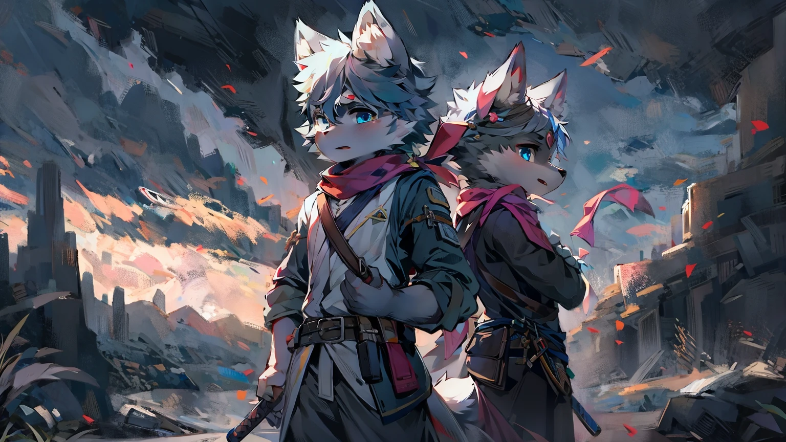 Wolf,juvenile,male,Gray-black fur,Sky blue eyes,Ancient combat uniform,scarf,Holding a long sword,Scabbard back,permanent,The only one,dawn,illumination,Break