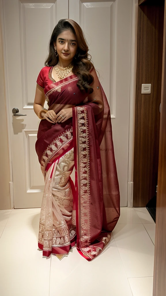 In red saree,hyper-detailed 