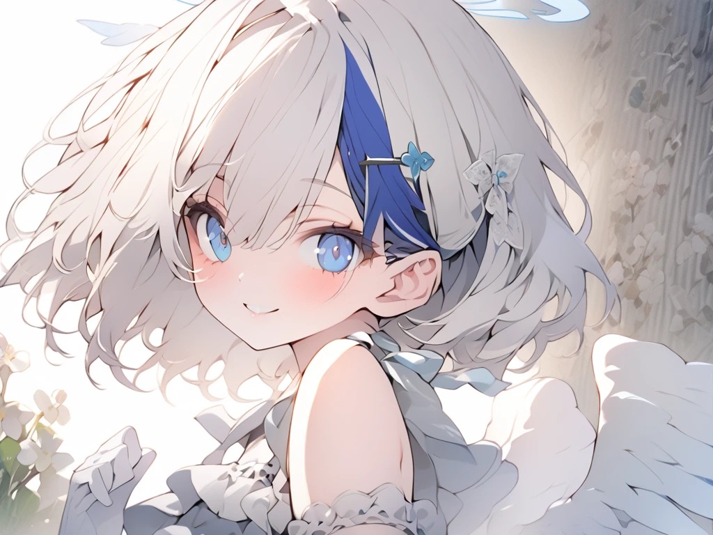 beautiful, masterpiece, Highest quality, anime, One girl, C Cup,Portrait Shot, View your viewers, Intricate details,>,((Covered、Short Hair、nearby、Blue Eyes、art、、White hair,Blue streaked hair、wallpaper、、white_Silk gloves、hairpin、smile、Frilled bikini、Angel、Thighs、Halo、