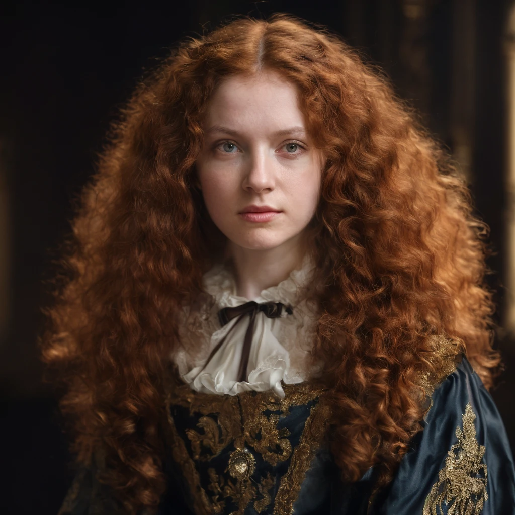 (masterpiece)+, (extremely (realistic)+,a portrait of a beautiful teenage female aristocrat, curly long red hair, pale skin. Proud dreamy stare. Looking at camera. volumetrics dtx, Photorealistic, ultra detailed, Artstation trending, very very detailed, realistic shaded lighting, dynamic shadows, detailed Palace background, upper body, professional photograph of a detailed skin, sharp focus, dramatic, award winning, cinematic lighting, octane render, unreal engine, volumetrics dtx, Photorealistic, ultra detailed, Artstation trending, very very detailed, hyperrealistic, fine details, realistic shaded lighting, dynamic shadows, Palace background, add_detail:1, skin pores and wrinkles, details.,