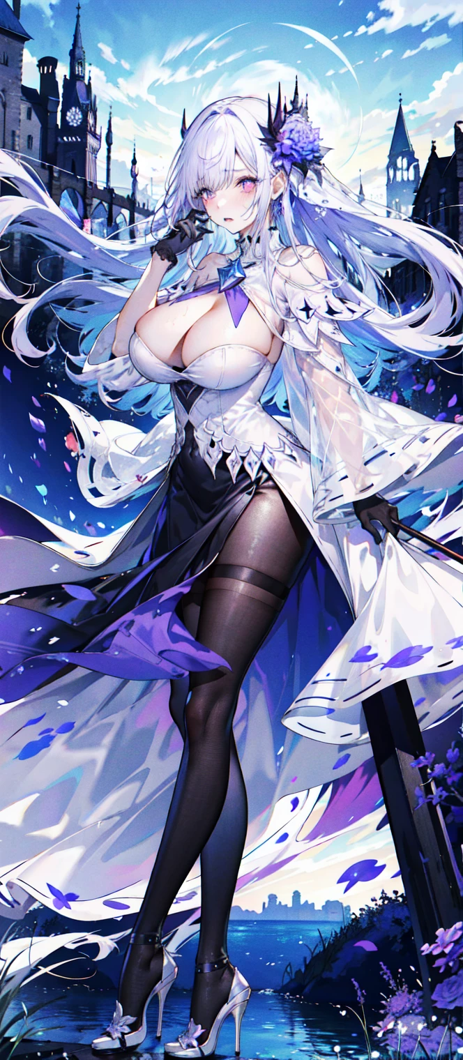 ((masterpiece:1.4,best quality)),(Super detailed),(Extremely detailed eyes),(Shiny socks:1.5),Hello Darkness
(Cute girls),,(Blood-red pupils,Diamond-shaped pupil:1.15),Purple Eyeshadow,(elongated hair,Thick hair,Single ponytail,shiny hair:1.5)(Changes through:1.2),despair,sad,Empty eyes,tears streaming down my face,tilting its head to the side,
(She wore a blue dress,:1.5),(Black gloves:1.4)Very long plush sleeves,White,White Cloud,Dream bubbles ,Ice and glitter effects
(Black long skirt:1.1),
((Starry Sky:1.2)),
(Intense black and white:1.16),(Depth of Field:1.4),,Intricate details,(((Detailed background,Castle in the Sky,Purple flowers by the lake))),(((Huge breasts,Bare breasts,Deep cleavage,White stiletto high heels,Transparent clothes)))