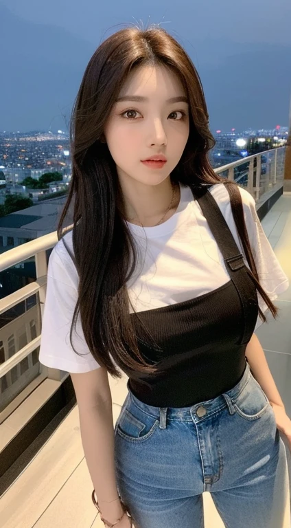 ((Midnight, Highest quality, 8k, masterpiece :1.3)), whole body, Long legs, Sharp focus :1.2, Beautiful woman with perfect figure :1.4, Slim Abs :1.1, ((Dark brown hair, Big Breasts :1.2)), (White tight T-shirt, Jean Bib, Are standing:1.2), ((Night city view, rooftop:1.3)), Highly detailed face and skin texture, Fine grain, double eyelid