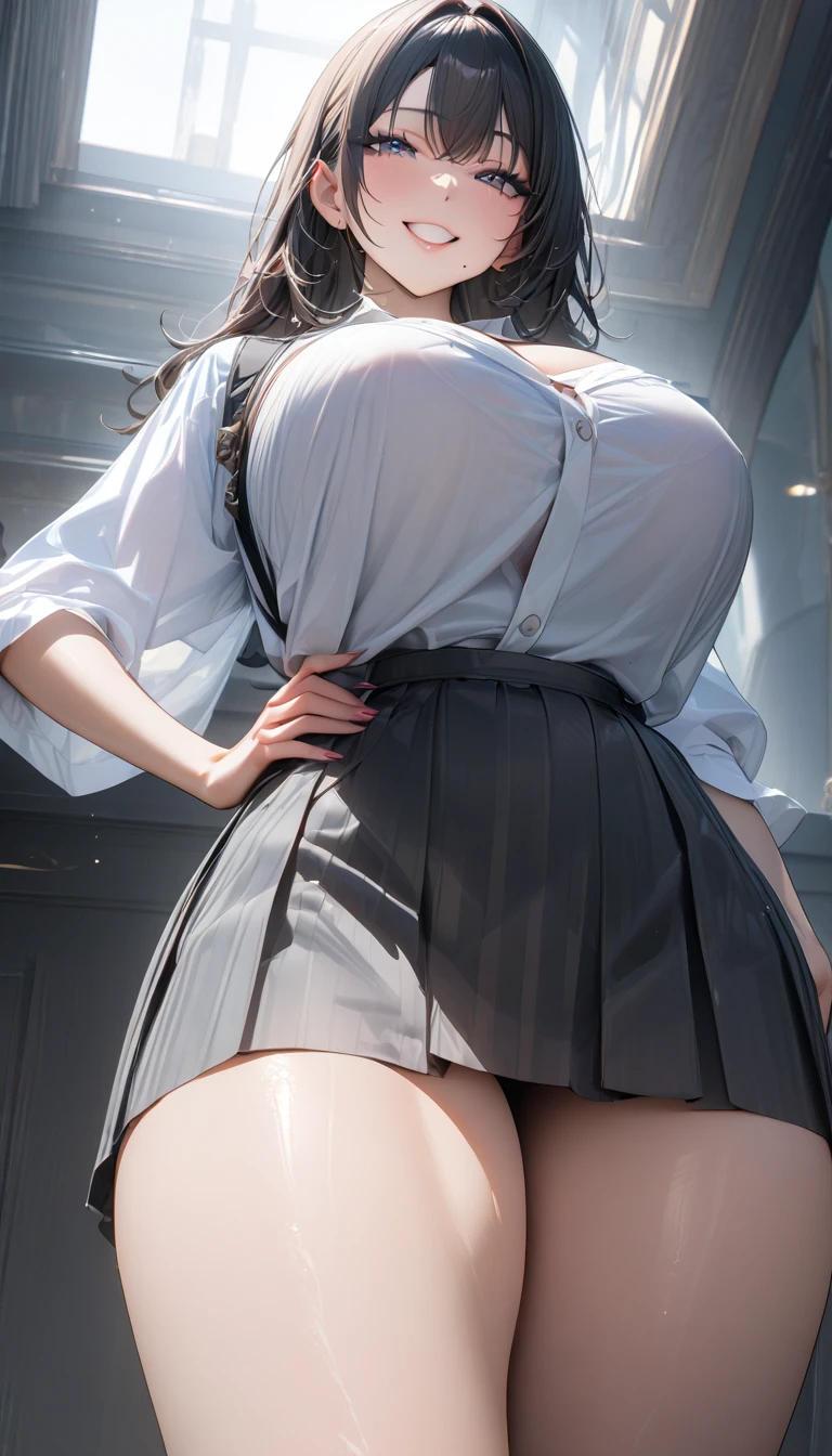 ((最high quality, 8k, masterpiece)), High resolution、(high quality: 1.5)、Very detailed、Detailed face、Bright colors、Natural light、Fine grain、Colorful eyes、Beautiful Face、非常にDetailed faceのテクスチャの女性,masterpiece, 最high quality, Detailed and beautiful eyes,最high quality、Best image quality、masterpiece,girl,smile,Embarrassing,From below(,Big Breasts),grin,,white shirt,gray skirt,hand on hip,mole under mouth,Just beautiful,masterpiece,Alluring、最high quality、so beautiful,High resolution,1girl, solo,make up,smile,mature female,make,(masterpiece:1.2)、(最high quality:1.2)、Latest Glossy Skin