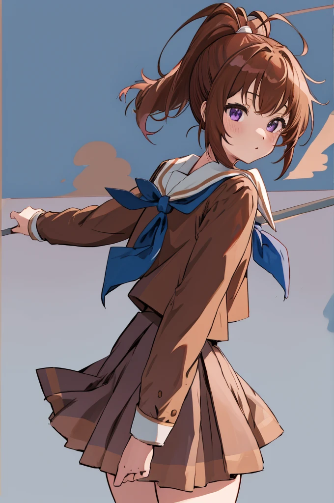 best quality, highres, 1girl, nakagawa natsuki, solo, brown_school uniform, brown hair, skirt, kitauji high , ponytail, serafuku, sailor collar, neckerchief, pleated skirt, shirt, purple eyes, long sleeves, white sailor collar, blue neckerchief, long hair, brown shirt, brown skirt, bangs, cowboy shot,