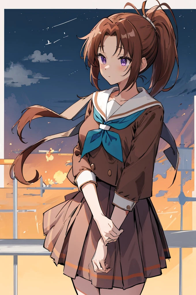 best quality, highres, 1girl, nakagawa natsuki, solo, brown_school uniform, brown hair, skirt, kitauji high , ponytail, serafuku, sailor collar, neckerchief, pleated skirt, shirt, purple eyes, long sleeves, white sailor collar, blue neckerchief, long hair, brown shirt, brown skirt, bangs, cowboy shot,