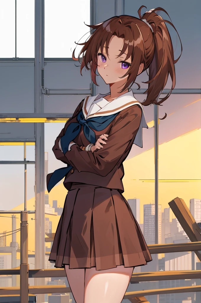 best quality, highres, 1girl, nakagawa natsuki, solo, brown_school uniform, brown hair, skirt, kitauji high , ponytail, serafuku, sailor collar, neckerchief, pleated skirt, shirt, purple eyes, long sleeves, white sailor collar, blue neckerchief, long hair, brown shirt, brown skirt, bangs, cowboy shot,