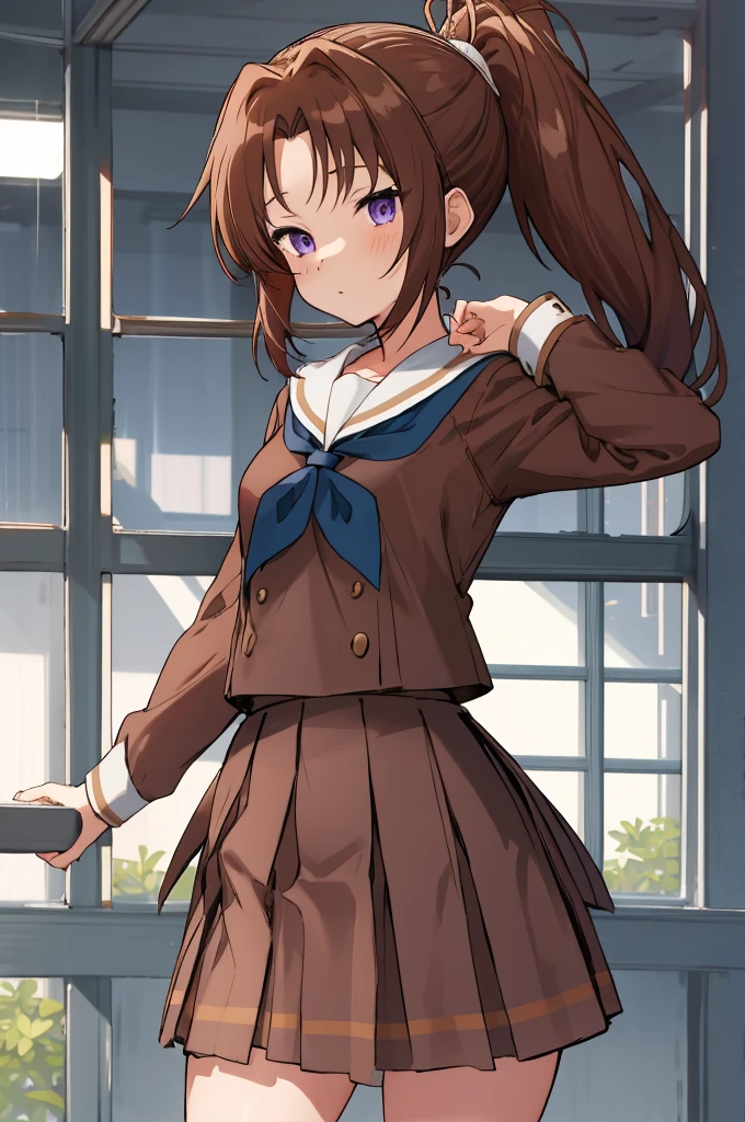 best quality, highres, 1girl, nakagawa natsuki, solo, brown_school uniform, brown hair, skirt, kitauji high , ponytail, serafuku, sailor collar, neckerchief, pleated skirt, shirt, purple eyes, long sleeves, white sailor collar, blue neckerchief, long hair, brown shirt, brown skirt, bangs, cowboy shot,