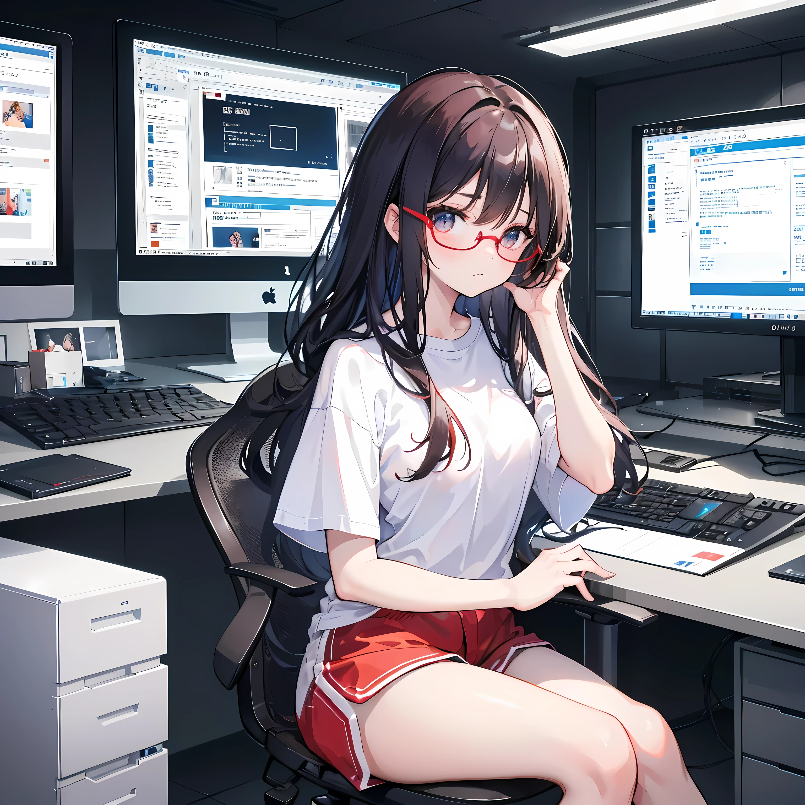 A cute girl with long hair and glasses is sitting at her desk in front of the computer, wearing a white t-shirt and red shorts. The background features multiple monitors displaying office software, adding to an atmosphere of work. The character design is in the style of an anime artist.