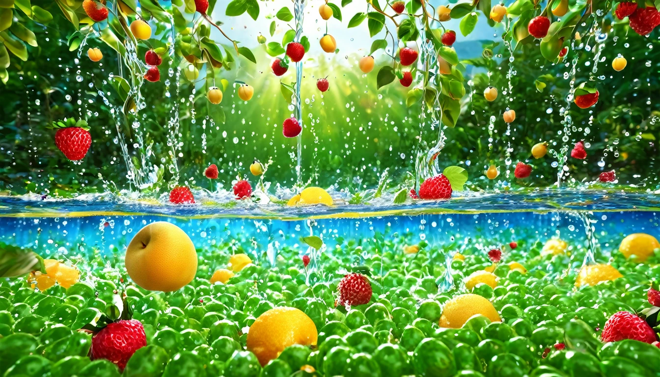 Highest quality, Super quality, 16K, 2.5D, delicate and dynamic, A wide variety of fruits, Country of fruits, Fruit Kingdom, Fruits overflowing, Water Drop, Vivid, fresh and vivid images, Vivid, fresh and clear effects, Fantasy, Dreamland