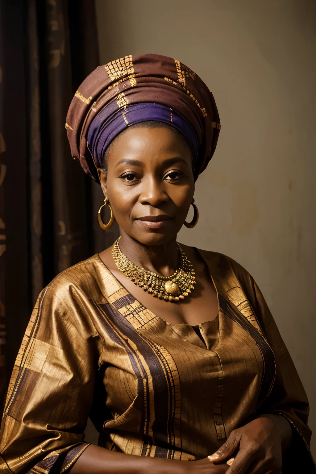 portrait, peinture, African queen aged 70, tenue nigeriane