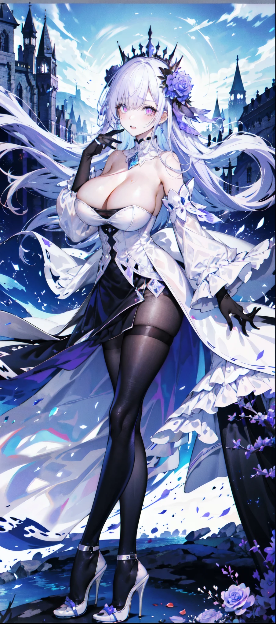 （（masterpiece：1.4，best quality）），（Super detailed），（Extremely detailed eyes），（Shiny socks：1.5），Hello Darkness
（Cute girls），，（Blood-red pupils，Diamond-shaped pupil：1.15），Purple Eyeshadow，（elongated hair，Thick hair，Single ponytail，shiny hair：1.5）（Changes through：1.2），despair，sad，Empty eyes，tears streaming down my face，tilting its head to the side，
（She wore a blue dress，：1.5），（Black gloves：1.4）Very long plush sleeves，White，White Cloud，Dream bubbles ，Ice and glitter effects
（Black long skirt：1.1），
（（Starry Sky：1.2）），
（Intense black and white：1.16），（Depth of Field：1.4），，Intricate details，(((Detailed background，Castle in the Sky，Purple flowers by the lake)))，(((Huge breasts，Bare breasts，Deep cleavage，White stiletto high heels)))