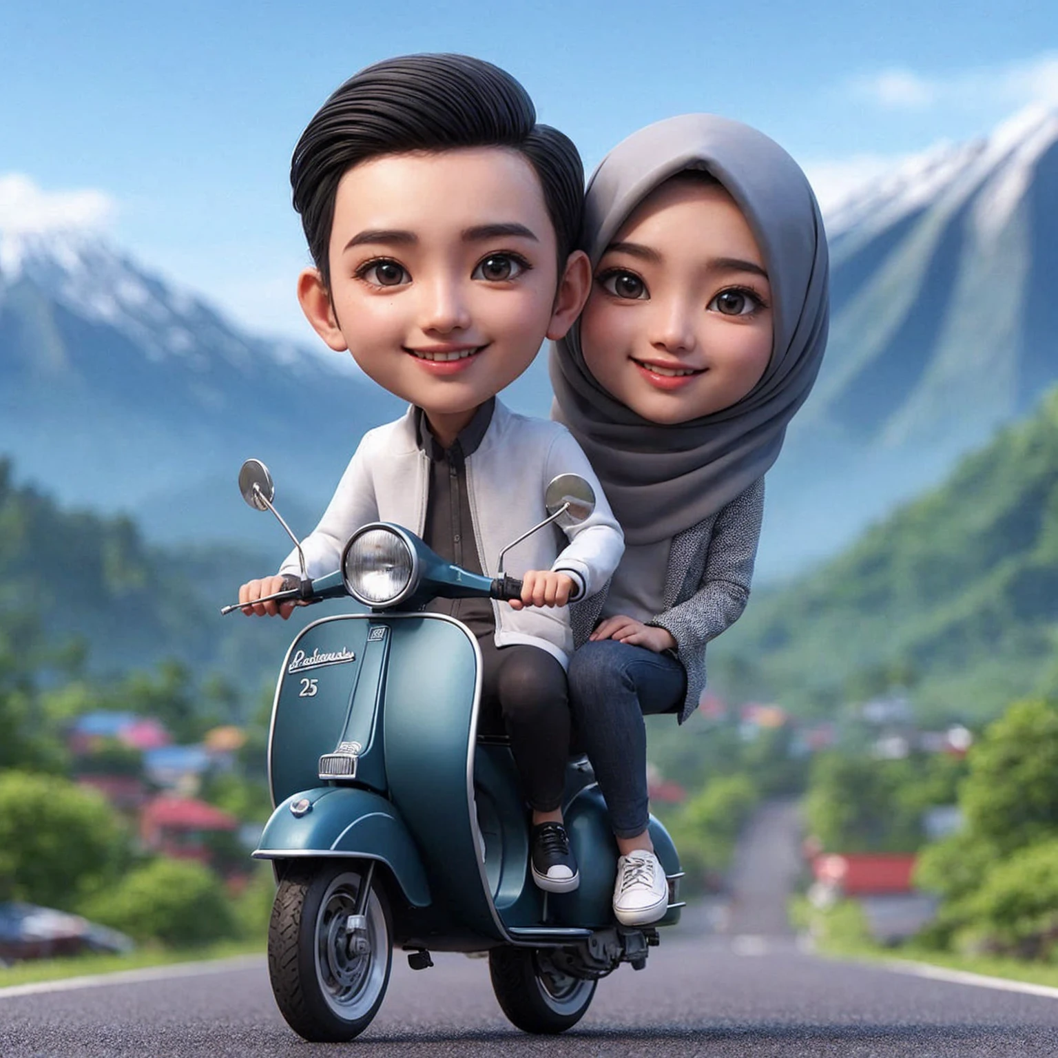karikatur 3d lelaki indonesia berusia 25 tahun, memakai jaket warna putih, memakai sepatu hitam, wanita berhijab pashmina usia 25 tahun memakai jaket warna grey, mereka berboncengan menaiki satu vespa jenis exel warna biru tua mata kecil dengan ekspresi bahagia, tampak background pemandangan gunung yang asri, tampak depan, cool, 4k,